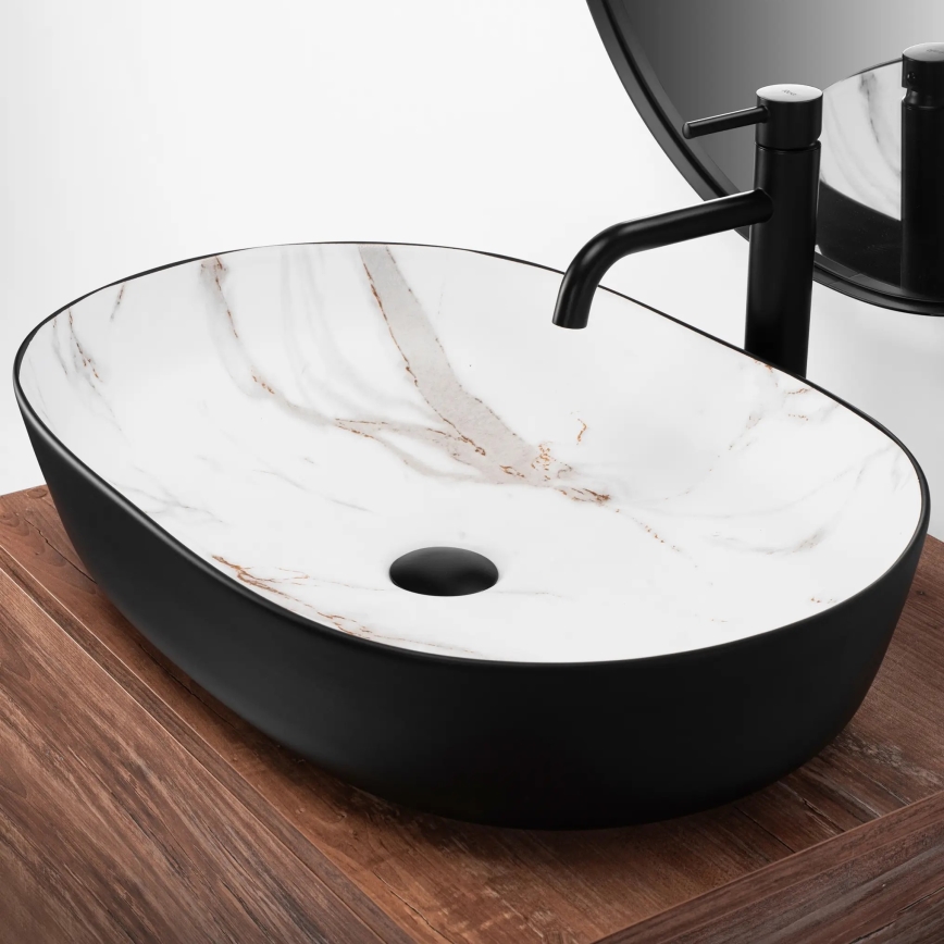 REA-U6625 - Aufsatzwaschbecken CLEO 41x60,5 cm Keramik/schwarz/weiß/Marmordekor