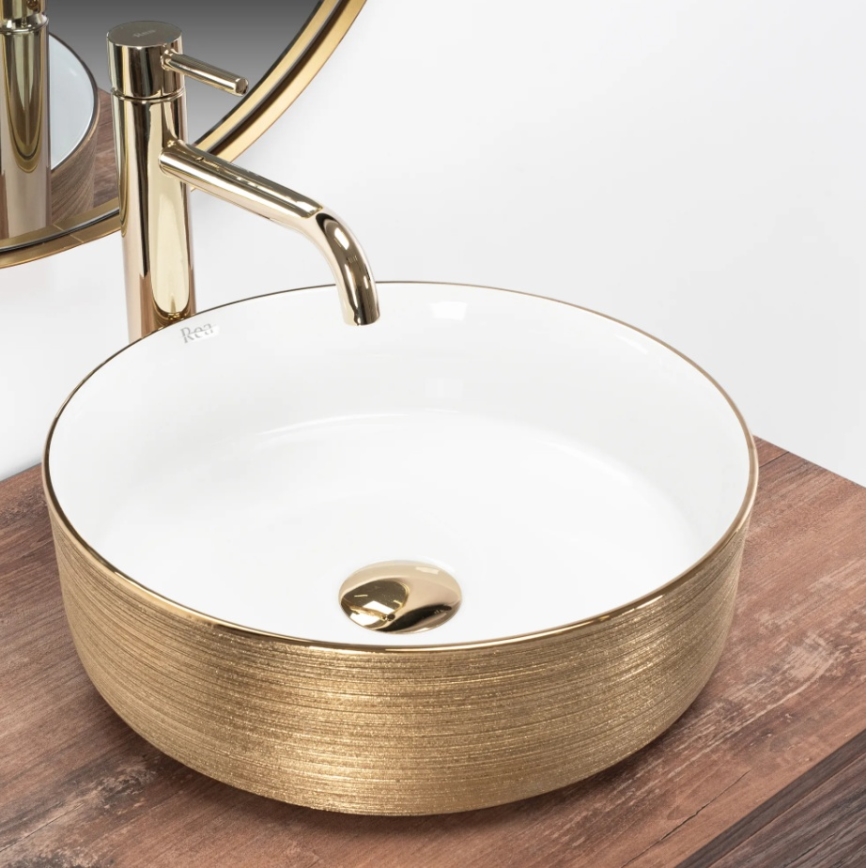 REA-U6630 - Aufsatzwaschbecken SAMI Ø 36 cm Keramik/weiß/gebürstetes Gold