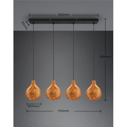 Reality - Pendelleuchte SPROUT an Kabel 3xE14/40W/230V braun/Rattan