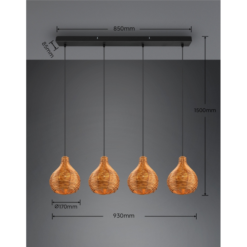 Reality - Pendelleuchte SPROUT an Kabel 3xE14/40W/230V braun/Rattan