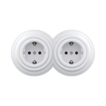 Reblig - Doppelte Retro-Schuko-Steckdose für den Hausgebrauch mit Rahmen, 230 V, schneeweiß