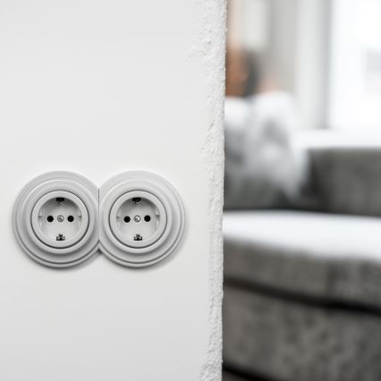 Reblig - doppelte Retro-Steckdose für den Haushalt mit Rahmen, SCHUKO 230 V, Keramik, Weiß