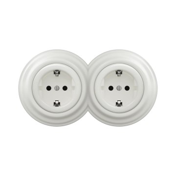 Reblig - doppelte Retro-Steckdose für den Haushalt mit Rahmen, SCHUKO 230 V, Keramikweiß