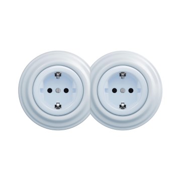 Reblig - Doppelte Retro-Steckdose für den Wohnbereich mit Rahmen, SCHUKO 230 V, blau