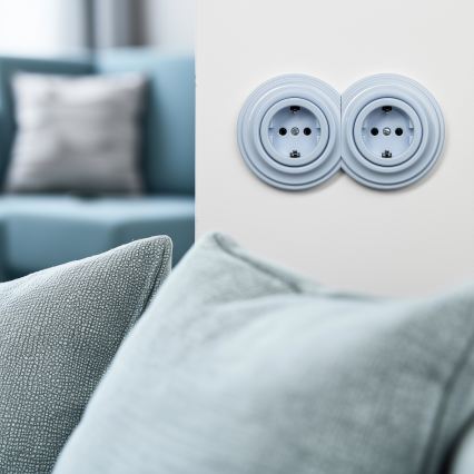 Reblig - Doppelte Retro-Steckdose für den Wohnbereich mit Rahmen, SCHUKO 230 V, blau