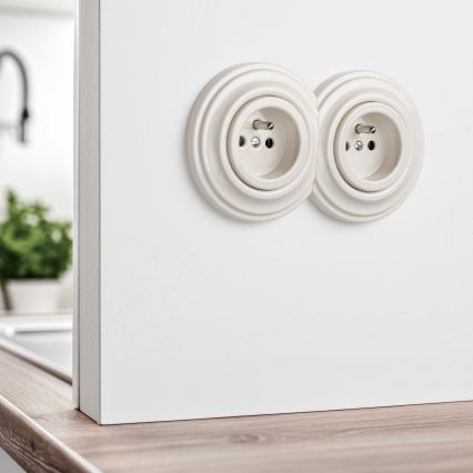 Reblig - Doppel‑Retro‑Wandsteckdose mit Rahmen, 230 V, beige