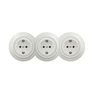 Reblig – Dreifach-Retro-Steckdose für den Wohnbereich mit Rahmen, SCHUKO 230 V, weiße Keramik