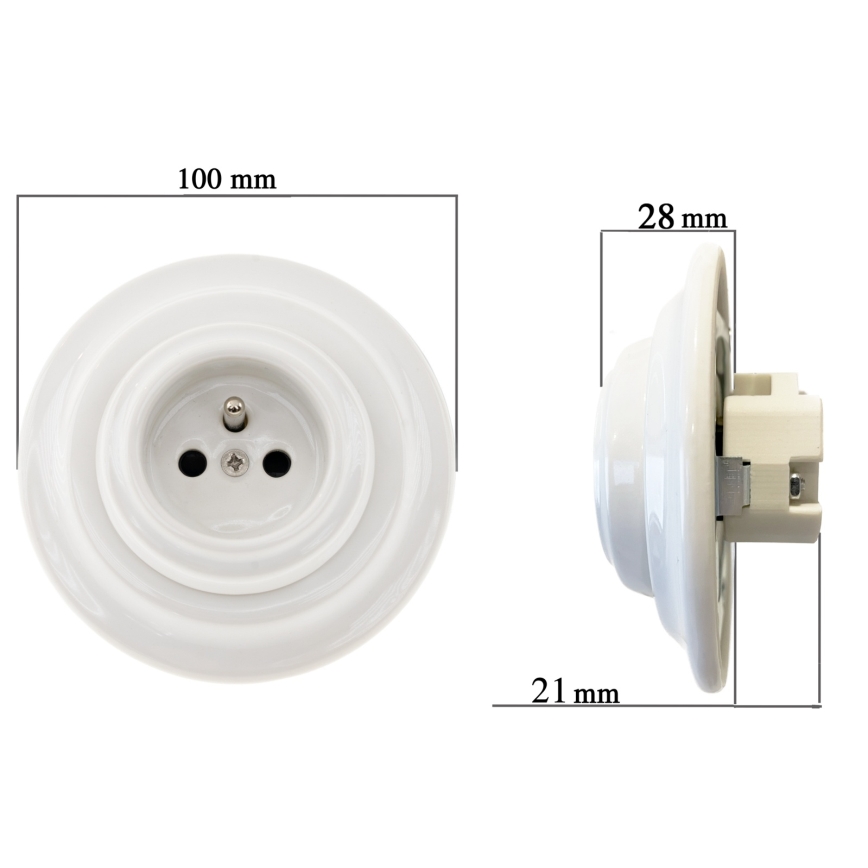 Reblig – Retro‑Porzellan‑Wandsteckdose mit Rahmen, SCHUKO 250V/16A, weiß