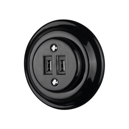 Reblig - Porzellan-Retro-USB-Steckdose mit Rahmen 2xUSB-A schwarz