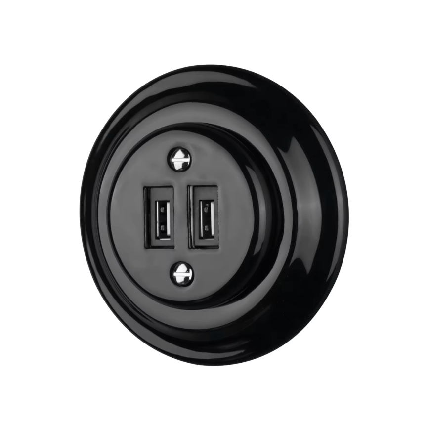 Reblig - Retro-Porzellan-USB-Steckdose, rahmenlos, 2x USB-A, schwarz