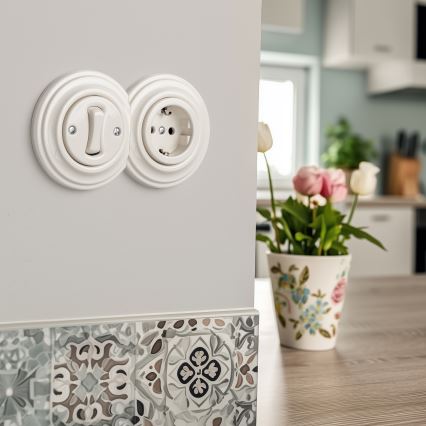 Reblig - Retro einpoliger Schalter Nr. 1 und SCHUKO-Steckdose 230 V mit Rahmen, beige