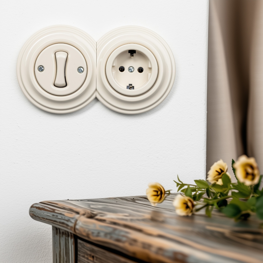 Reblig - Retro einpoliger Schalter Nr. 1 und SCHUKO-Steckdose 230 V mit Rahmen, beige