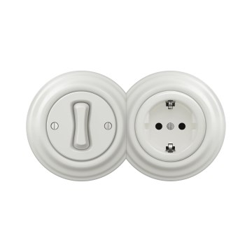 Reblig - Retro-Einpolschalter Nr. 1 und SCHUKO-Steckdose 230 V mit keramischem Rahmen, weiß
