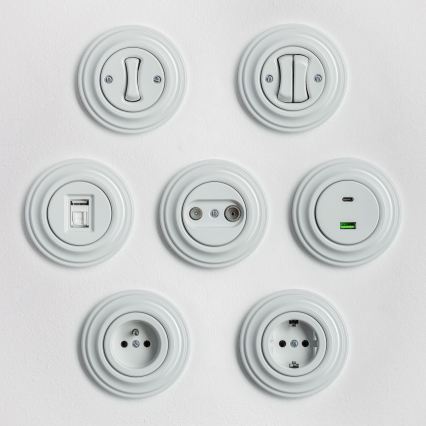 Reblig - Retro-Haushaltssteckdose mit Rahmen, 230 V, Keramik, weiß