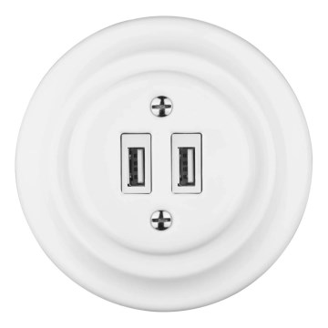 Reblig - Retro-Porzellan-USB-Netzsteckdose mit Rahmen 2x USB-A weiß