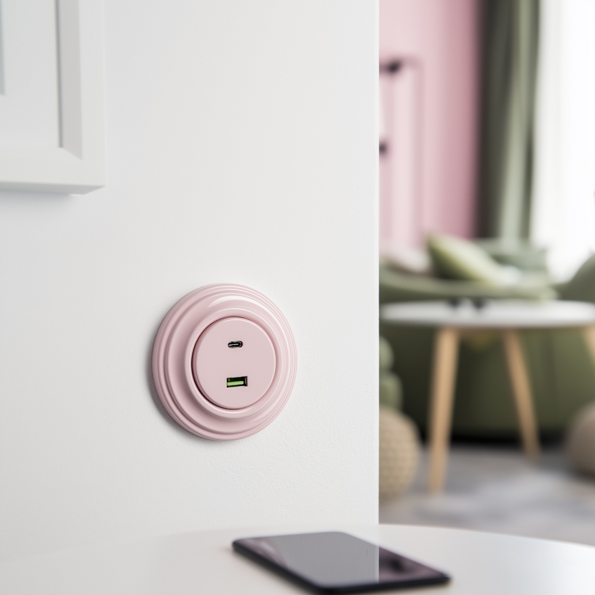 Reblig - Retro-USB-Steckdose A+C mit Rahmen, altrosa