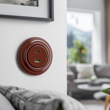 Reblig – Retro-USB-Steckdose A+C mit Rahmen, braun