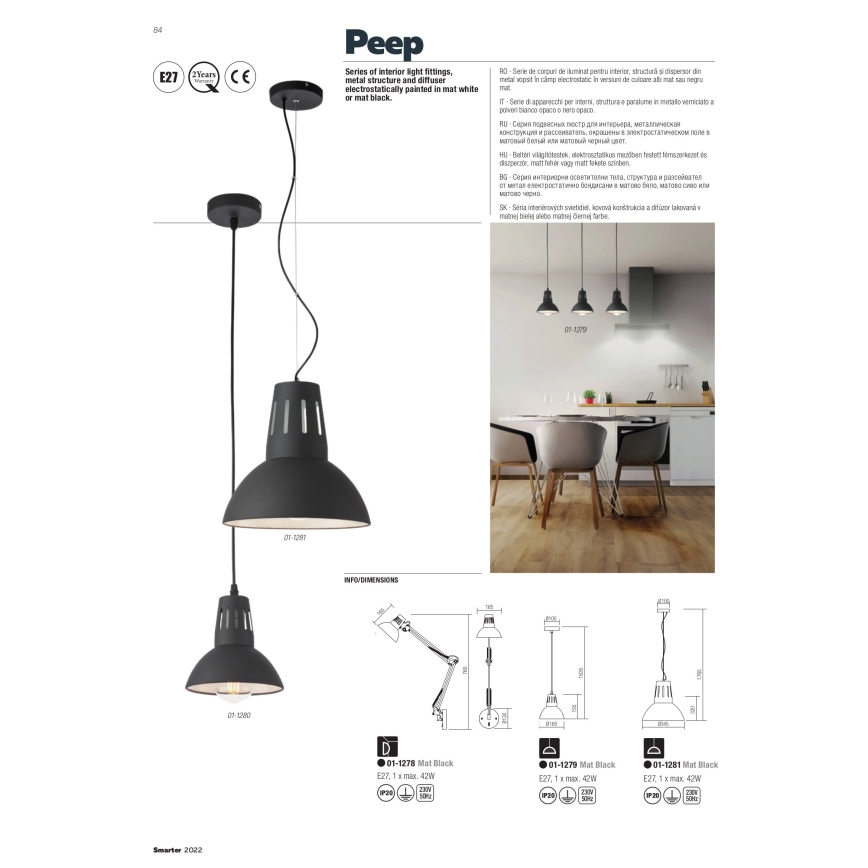 Redo 01-1279 - Pendelleuchte an Kabel PEEP 1xE27/42W/230V Ø 16,5 cm schwarz