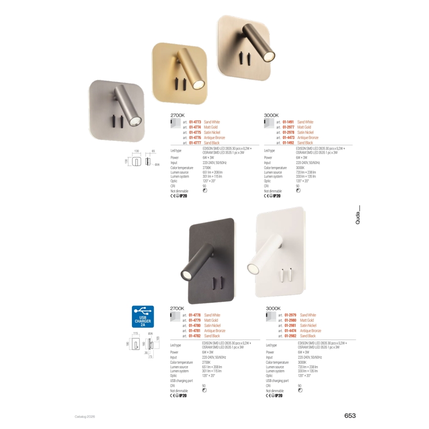 Redo 01-1491 - LED-Wandleuchte QUDA, LED/6W/230V + LED/3W CRI 90, USB, weiß