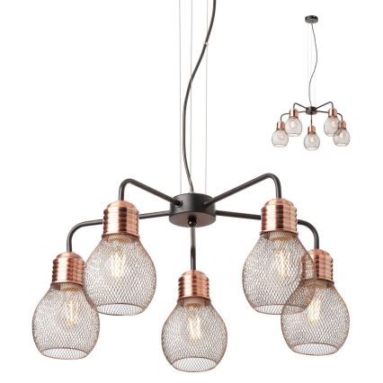 Redo 01-1580 - Hängeleuchte mit Kabelaufhängung EDISON 5xE27/42W/230V Ø 53 cm schwarz/kupfer