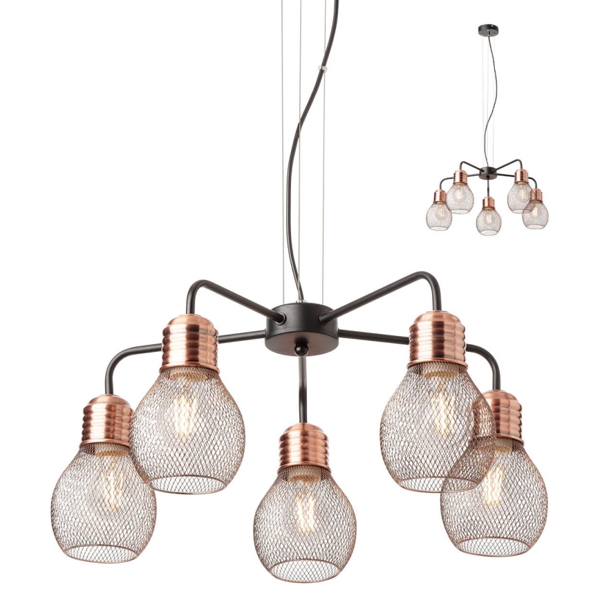 Redo 01-1580 - Hängeleuchte mit Kabelaufhängung EDISON 5xE27/42W/230V Ø 53 cm schwarz/kupfer