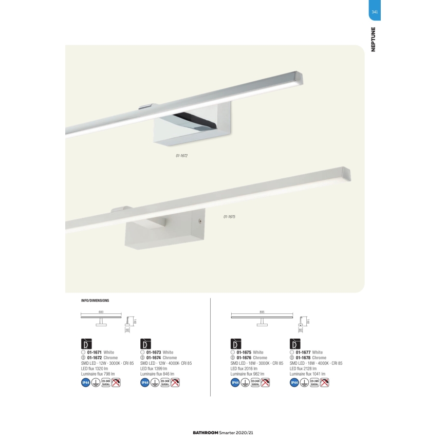 Redo 01-1675 - NEPTUNE LED-Badspiegelleuchte, 18 W, 230 V, 89,5 cm, IP44, weiß