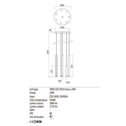 Redo 01-2050 - LED-Hängeleuchte an Schnur MADISON 8xLED/4W/230V golden