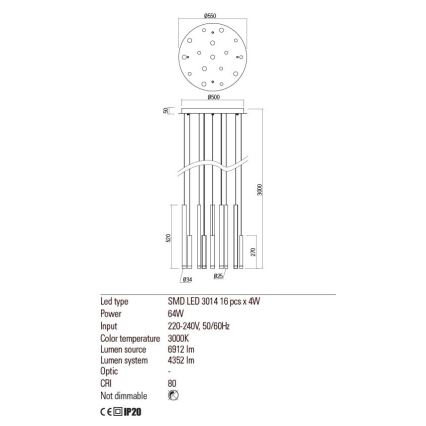 Redo 01-2059 - LED-Hängeleuchte an Schnur MADISON 16xLED/4W/230V kupfern