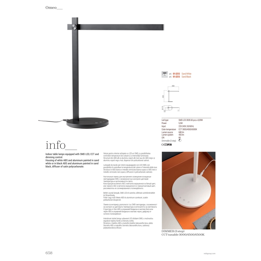 Redo 01-2212 - Dimmbare LED-Tischleuchte mit Touch-Funktion OMEO LED/5,5W/230V 3000/4500/6500K weiß
