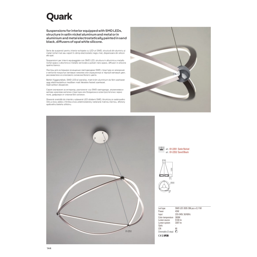 Redo 01-2251 - Dimmbare LED-Hängeleuchte QUARK LED/43W/230V 3000K d 60 cm matt Chrom