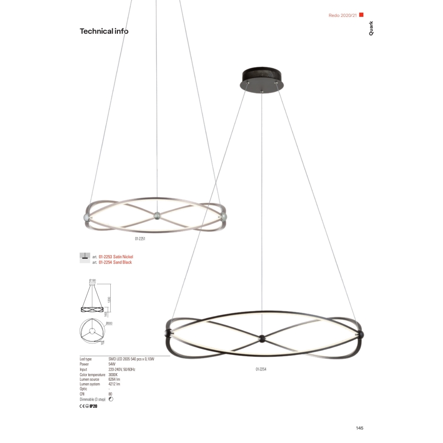 Redo 01-2251 - Dimmbare LED-Hängeleuchte QUARK LED/43W/230V 3000K d 60 cm matt Chrom