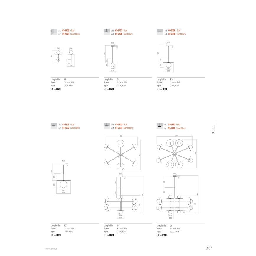 Redo 01-2733 - Deckenleuchte an Stange PLATO 6xG9/10W/230V golden