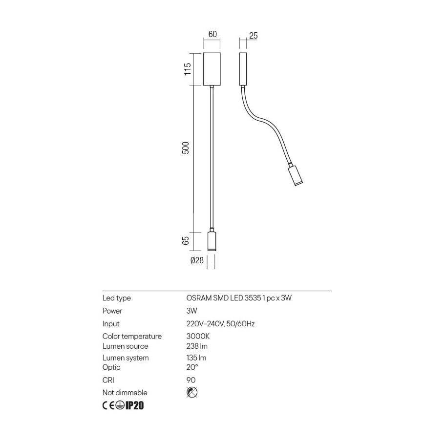Redo 01-2755 - LED Flexibler Wandleuchte WALLIE LED/3W/230V USB CRI 90 Schwarz