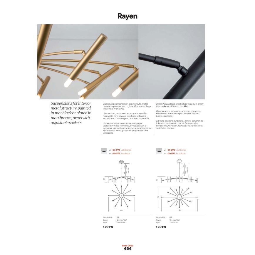 Redo 01-2774 - Deckenleuchte an Stange RAYEN 12xG9/10W/230V bronzen