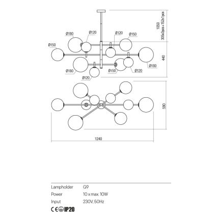 Redo 01-2781 - Deckenleuchte an Stange ROY 10xG9/10W/230V