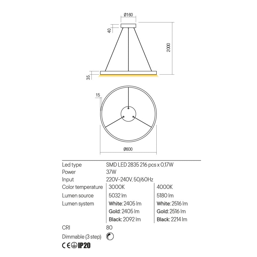 Redo 01-2865 - LED-dimmbare Seilpendelleuchte FEBE LED/37W/230V goldfarben