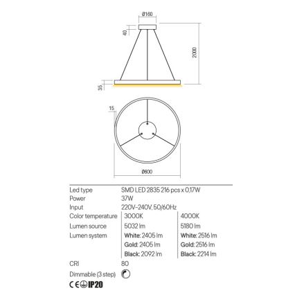 Redo 01-2867 - Dimmbare LED-Hängeleuchte an Schnur FEBE LED/37W/230V schwarz