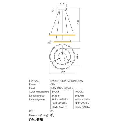 Redo 01-2889 - Dimmbare LED-Hängeleuchte an Schnur FEBE LED/62W/230V golden