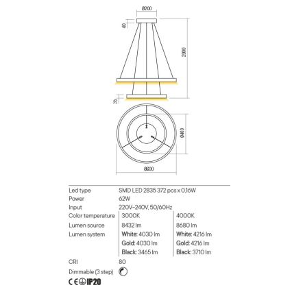 Redo 01-2889 - LED-dimmbare Pendelleuchte an Kabel FEBE LED/62W/230V goldfarben