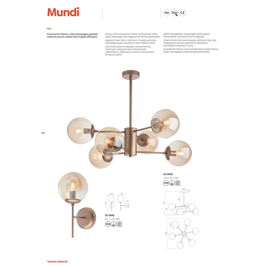 Redo 01-2943 - Pendelleuchte mit Stange MUNDI 6xE14/28W/230V Kupfer/rauchfarben
