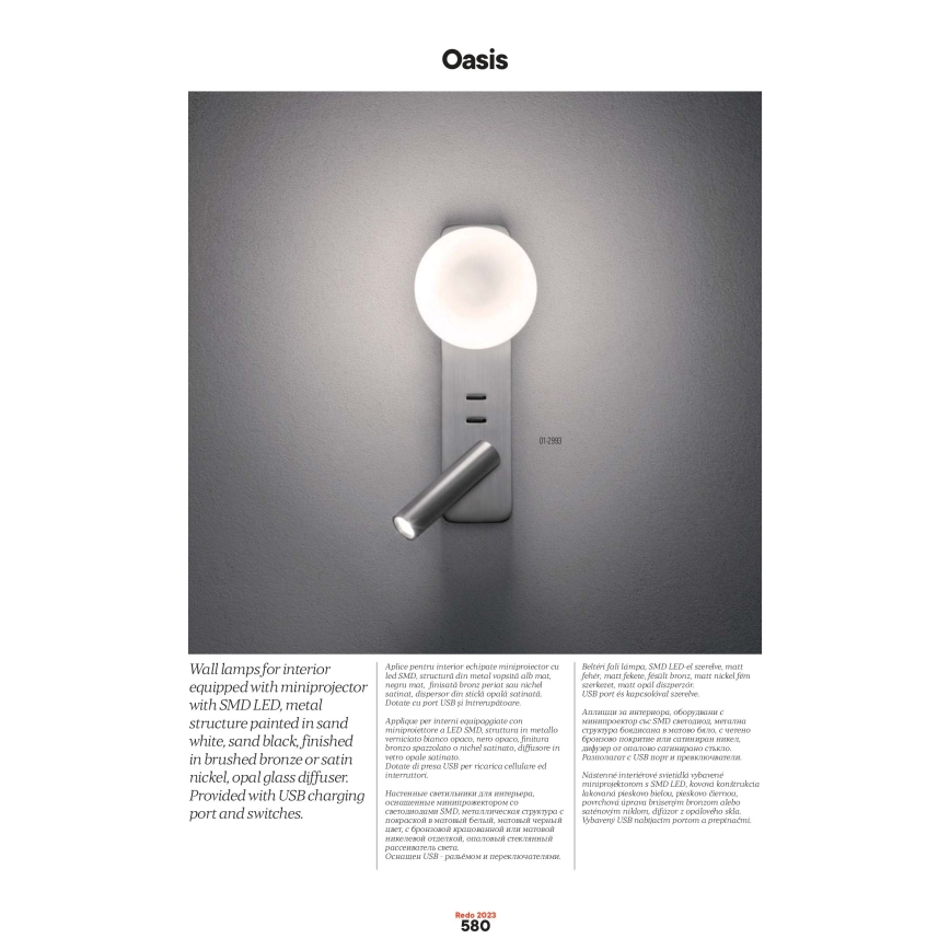 Redo 01-2991 - LED Wandleuchte OASIS LED/3W/230V + 1xG9/10W USB CRI 90 weiß