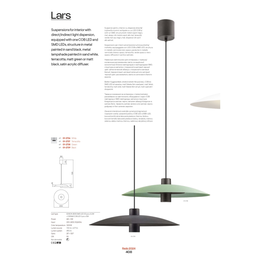 Redo 01-3019 - LED-Hängeleuchte an Stahlseil LARS LED/14W/230V + LED/10W Ø 60 cm CRI 90 grün