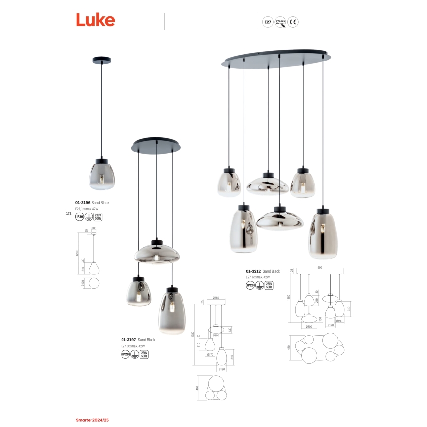 Redo 01-3197 - Hängeleuchte LUKE 3xE27/42W/230V d 46 cm schwarz