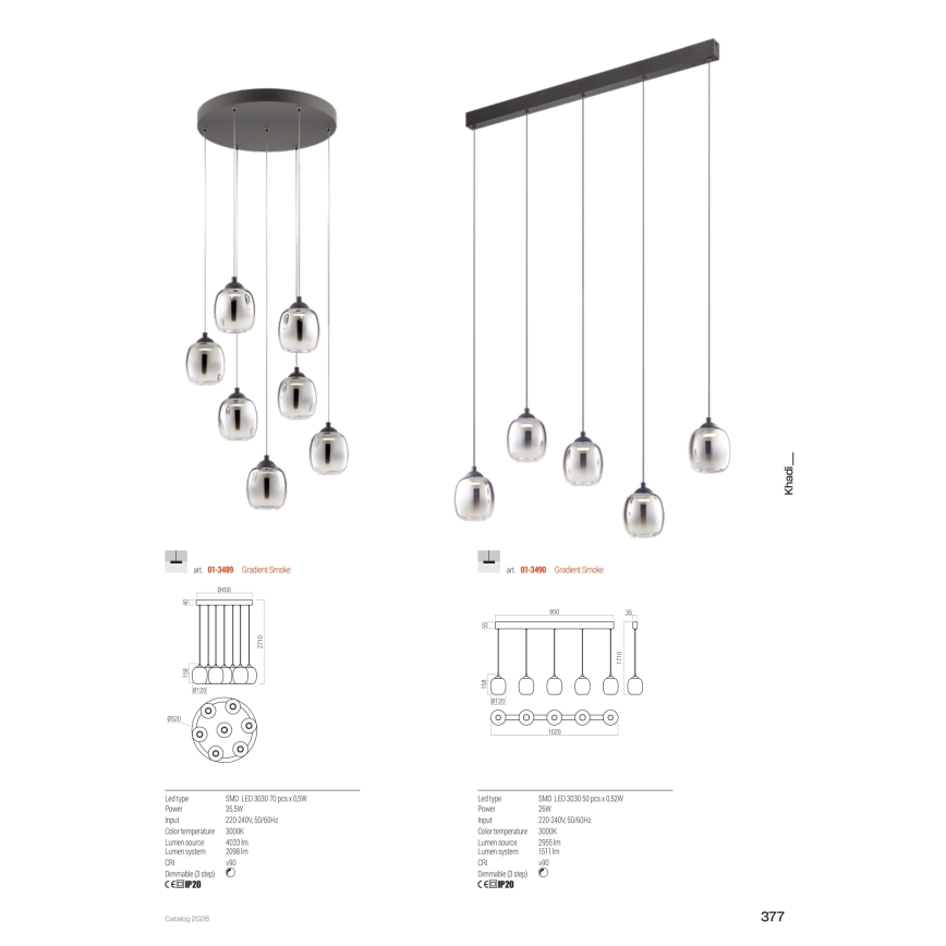 Redo 01-3489 - Dimmbare LED-Pendelleuchte an Kabel KHADI 7×LED/5W/230V Ra 90 Ø 52 cm schwarz/rauchfarben