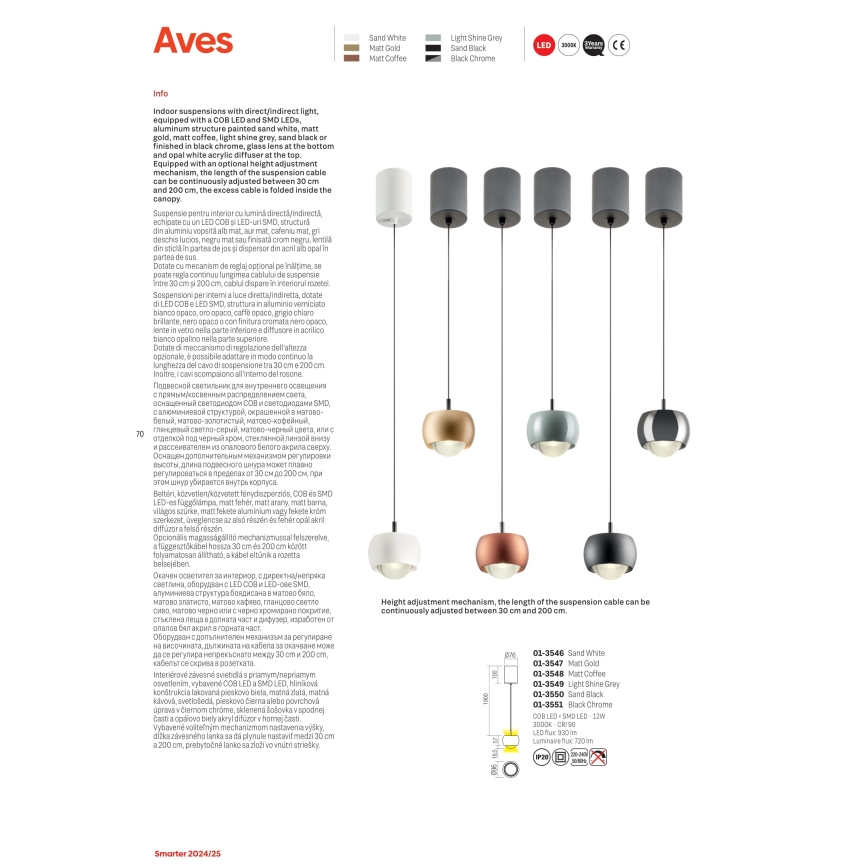Redo 01-3551 - LED-Hängeleuchte AVES LED/12W/230V d 9,6 cm CRI 90 anthrazit