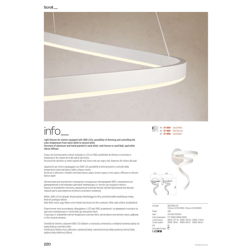 Redo 01-4281 - Dimmbare LED-Stehleuchte SCROLL LED/30W/230V 3000K/4000K/6000K CRI 90 weiß
