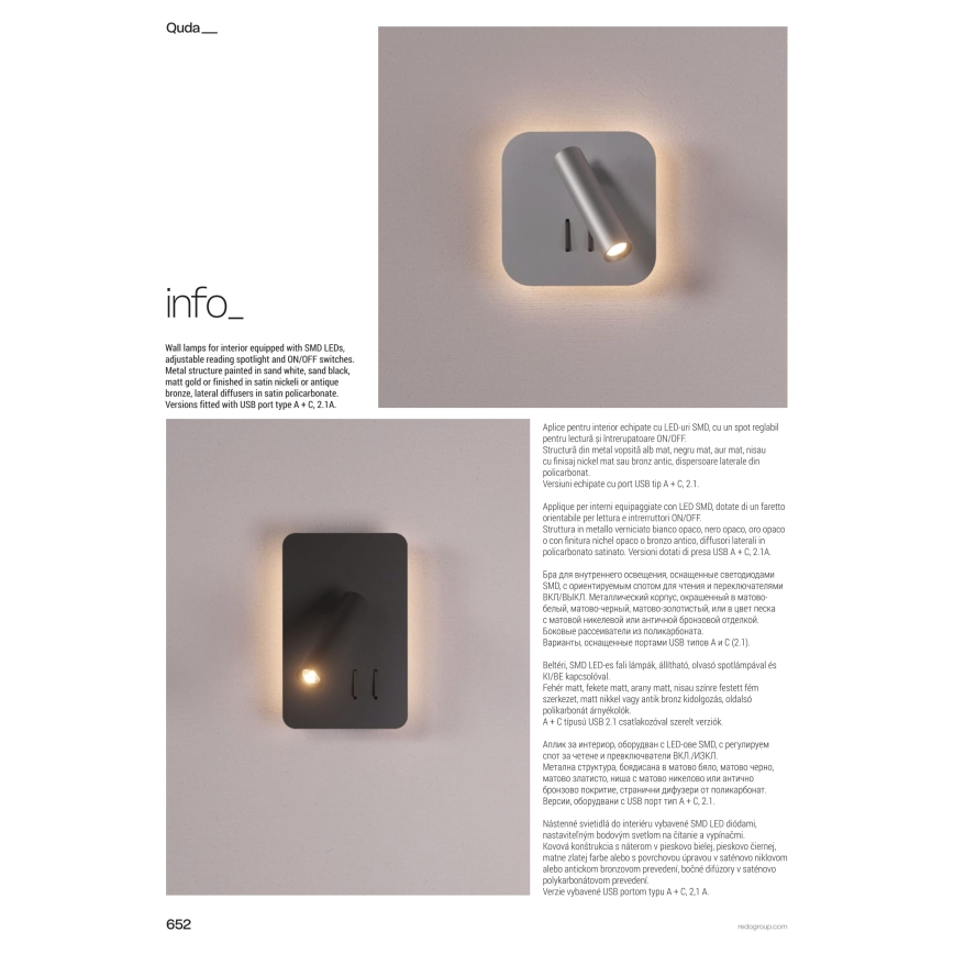Redo 01-4473 - QUDA LED-Wandleuchte, LED 6W/230V + LED 3W, CRI 90, bronzefarben