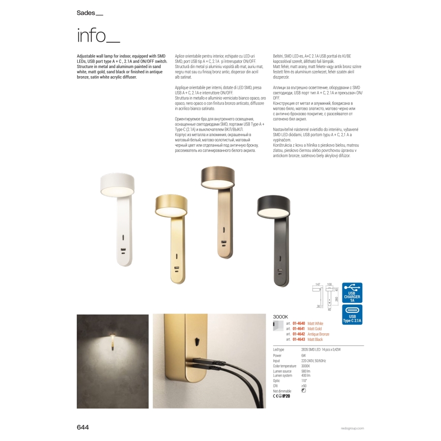 Redo 01-4642 - SADES LED-Wandleuchte, LED/6W/230V, CRI 90, mit USB, Bronze