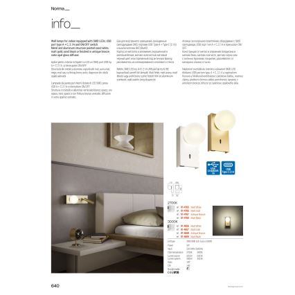 Redo 01-4660 - LED-Wandleuchte NORMA LED/5W/230V + LED/3W CRI 90 USB weiß