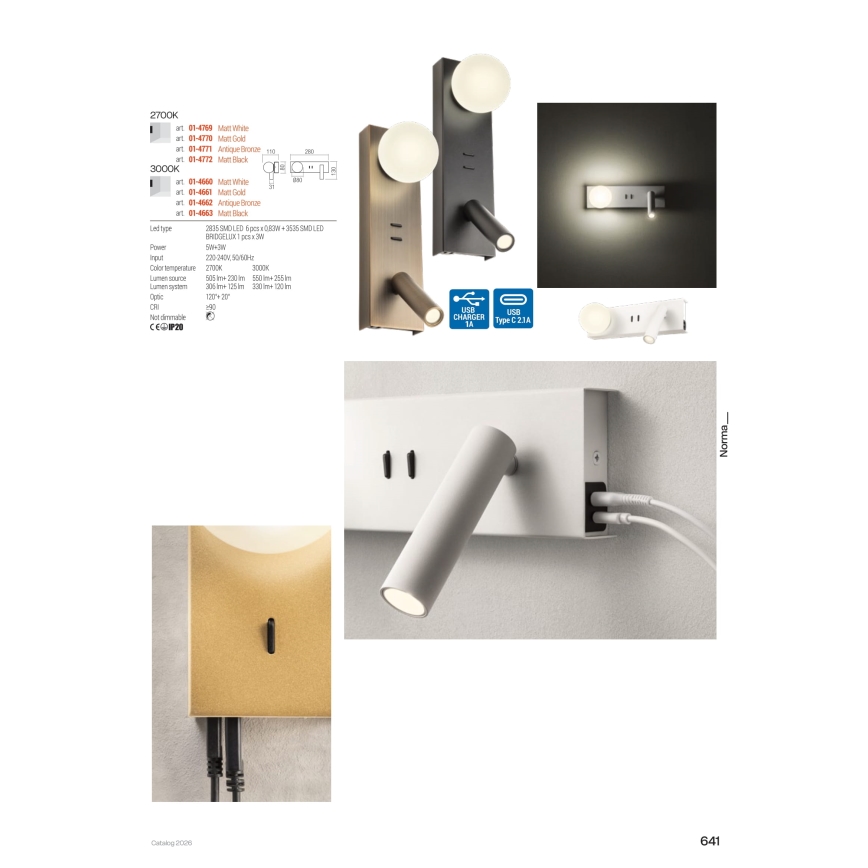 Redo 01-4661 - LED-Wandleuchte NORMA LED/5W/230V + LED/3W CRI 90 USB weiß/gold